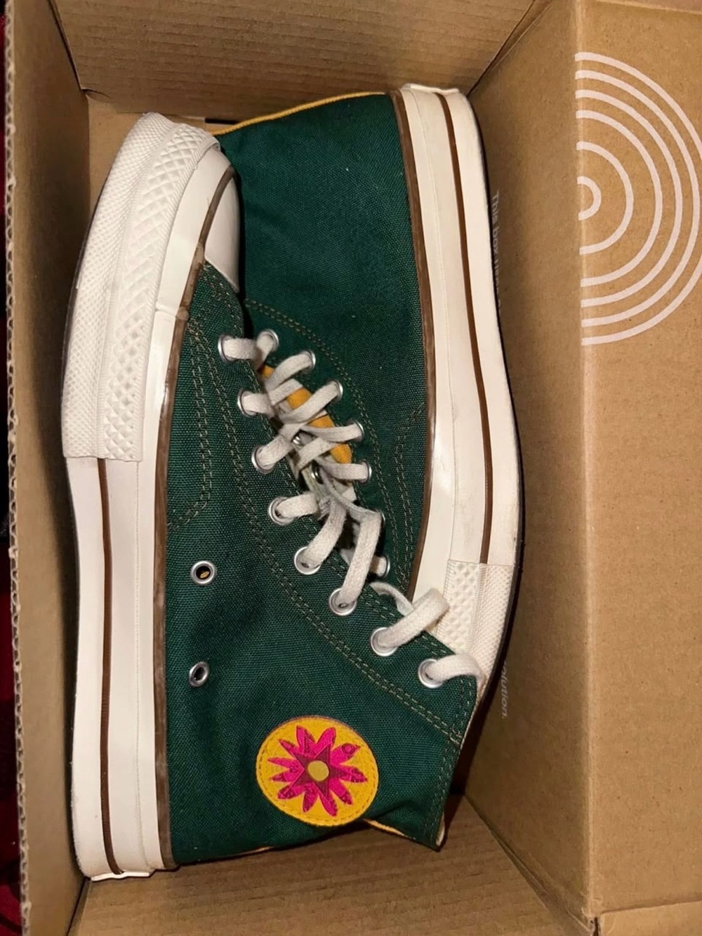 Converse Dark Green High-Top Sneakers with Pink and Yellow Patch
